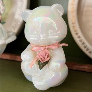 Art Glass Fenton Opalescent Bear With Pink Ribbon & Flower